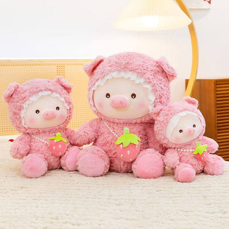 Peluche Cochon Fraise Bonnet en Dentelle